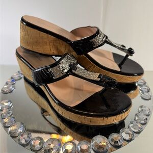 TARYN ROSE, 🌹 Elegant Black and Tan Wedge Shoes with Ornate Metal Buckle EUC